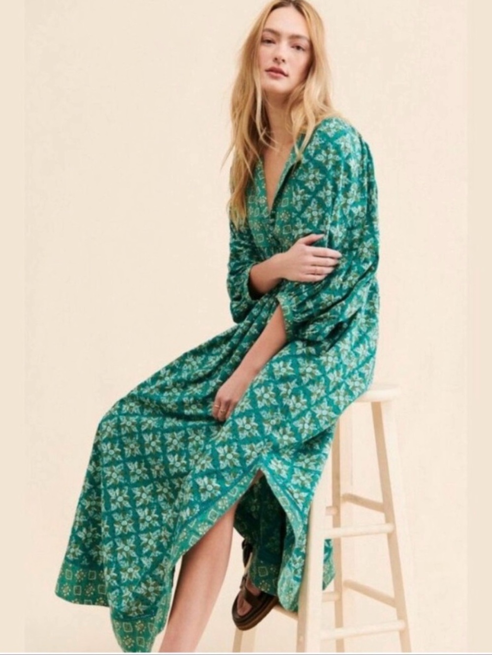 Free People Hazy Maisy Teal Floral Print Boho Western Maxi Dress Women’s XL